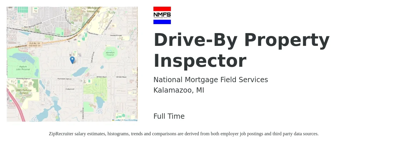 National Mortgage Field Services job posting for a Drive-By Property Inspector in Kalamazoo, MI with a salary of $36,900 to $54,400 Yearly with a map of Kalamazoo location.