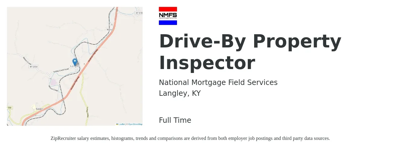 National Mortgage Field Services job posting for a Drive-By Property Inspector in Langley, KY with a salary of $28,800 to $42,400 Yearly with a map of Langley location.