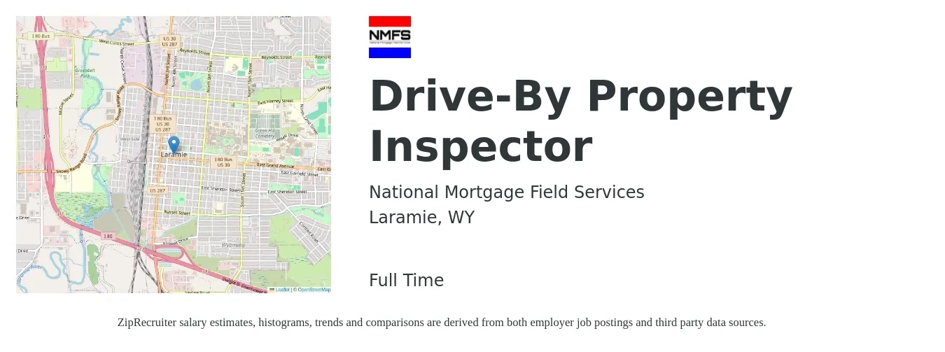 National Mortgage Field Services job posting for a Drive-By Property Inspector in Laramie, WY with a salary of $39,300 to $58,000 Yearly with a map of Laramie location.