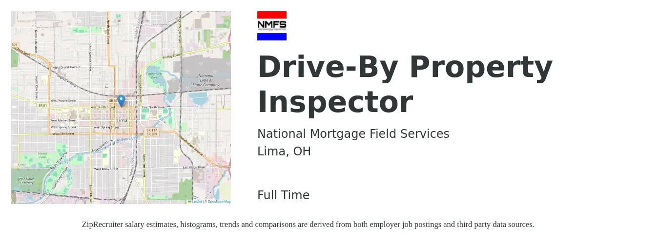 National Mortgage Field Services job posting for a Drive-By Property Inspector in Lima, OH with a salary of $37,100 to $54,700 Yearly with a map of Lima location.