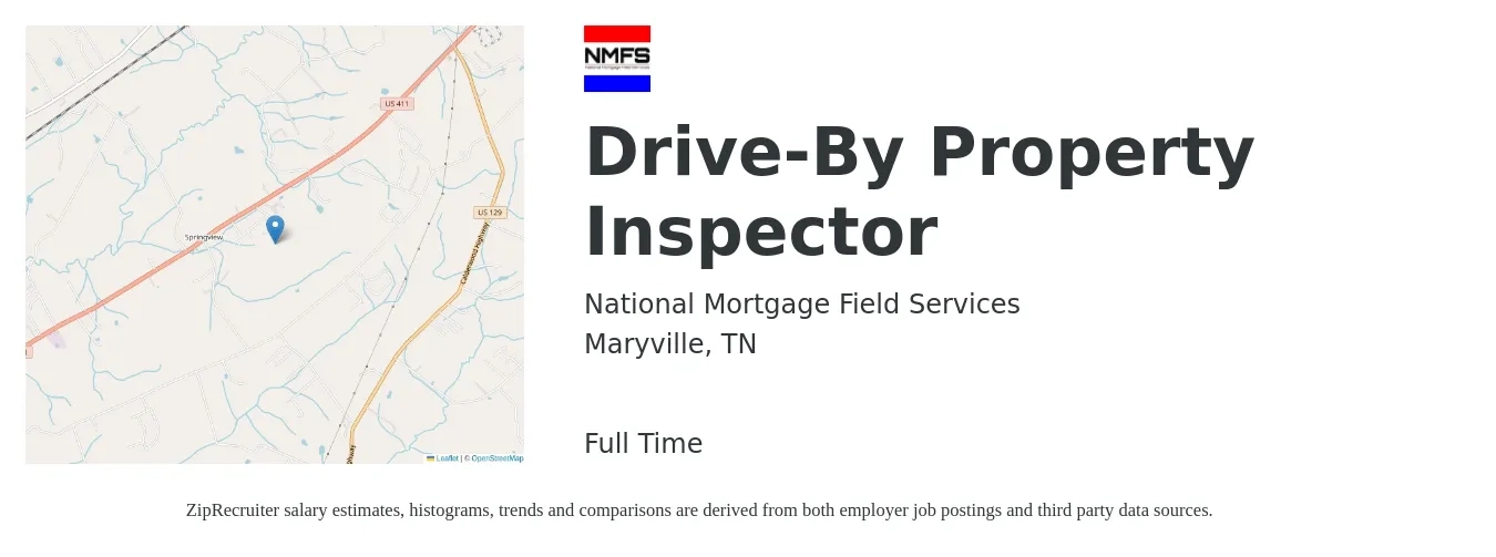 National Mortgage Field Services job posting for a Drive-By Property Inspector in Maryville, TN with a salary of $32,100 to $47,300 Yearly with a map of Maryville location.