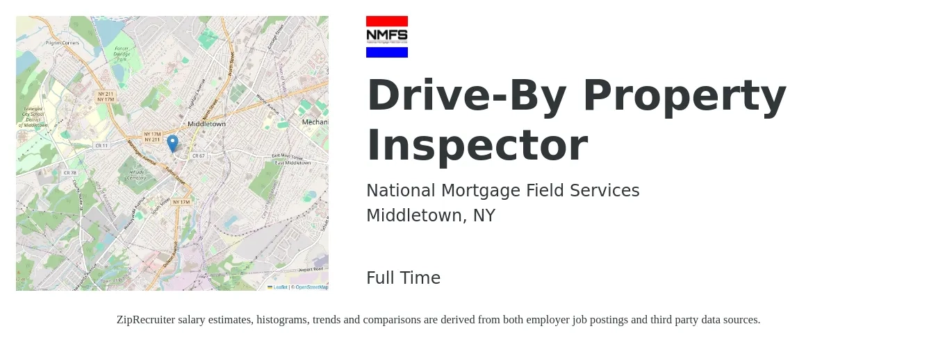 National Mortgage Field Services job posting for a Drive-By Property Inspector in Middletown, NY with a salary of $39,200 to $57,800 Yearly with a map of Middletown location.