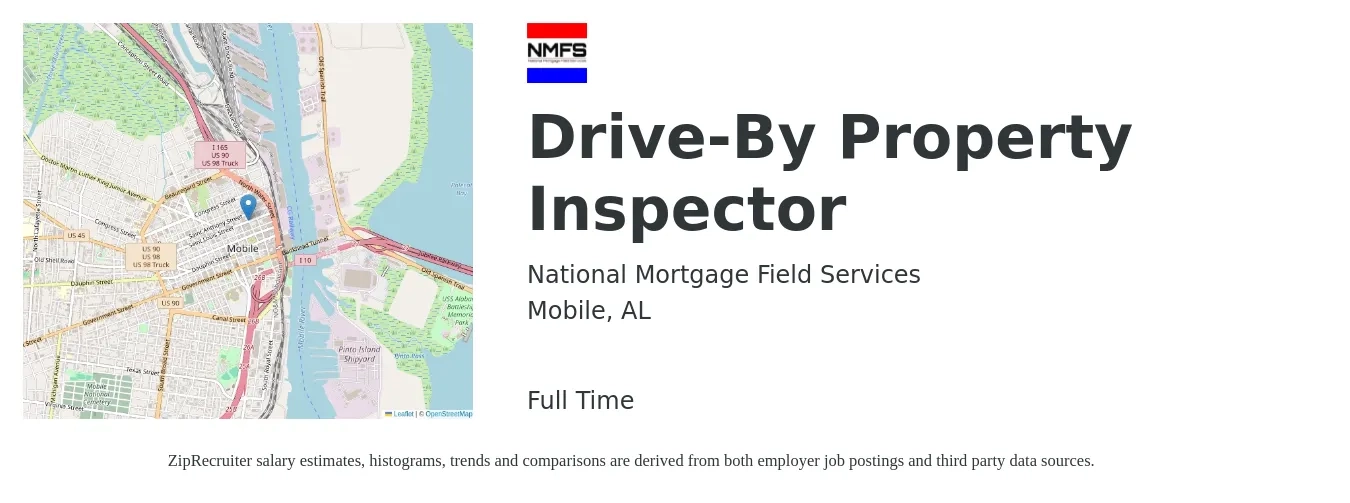 National Mortgage Field Services job posting for a Drive-By Property Inspector in Mobile, AL with a salary of $38,500 to $56,800 Yearly with a map of Mobile location.