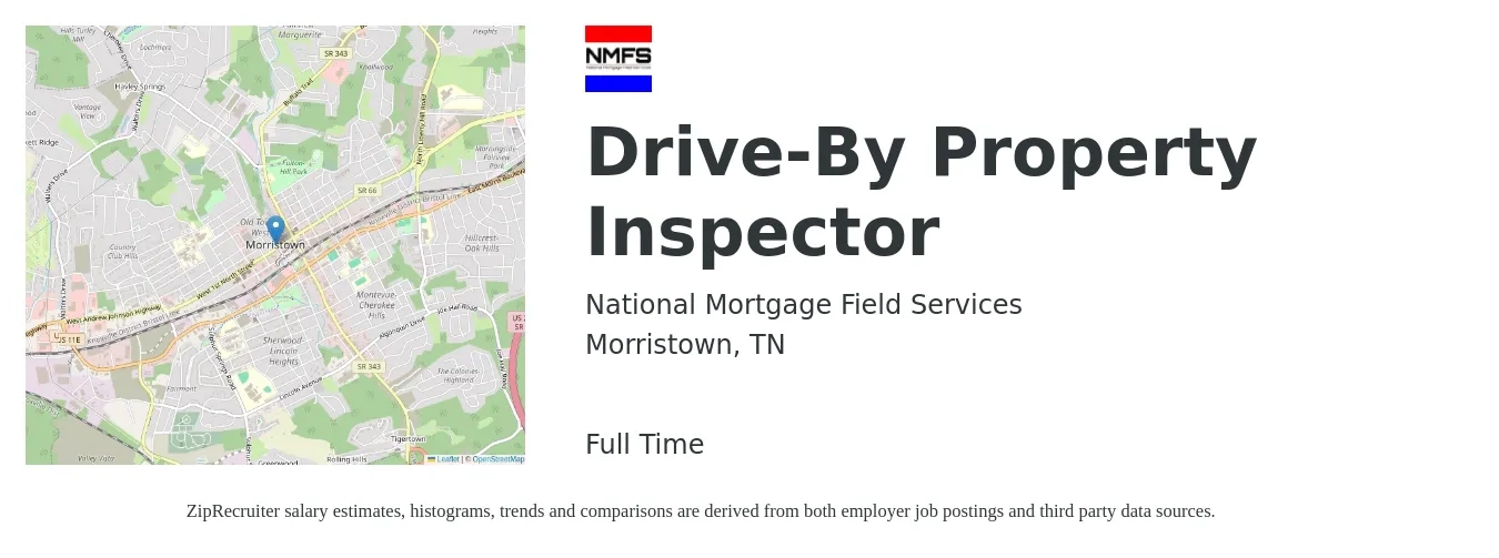 National Mortgage Field Services job posting for a Drive-By Property Inspector in Morristown, TN with a salary of $34,700 to $51,100 Yearly with a map of Morristown location.
