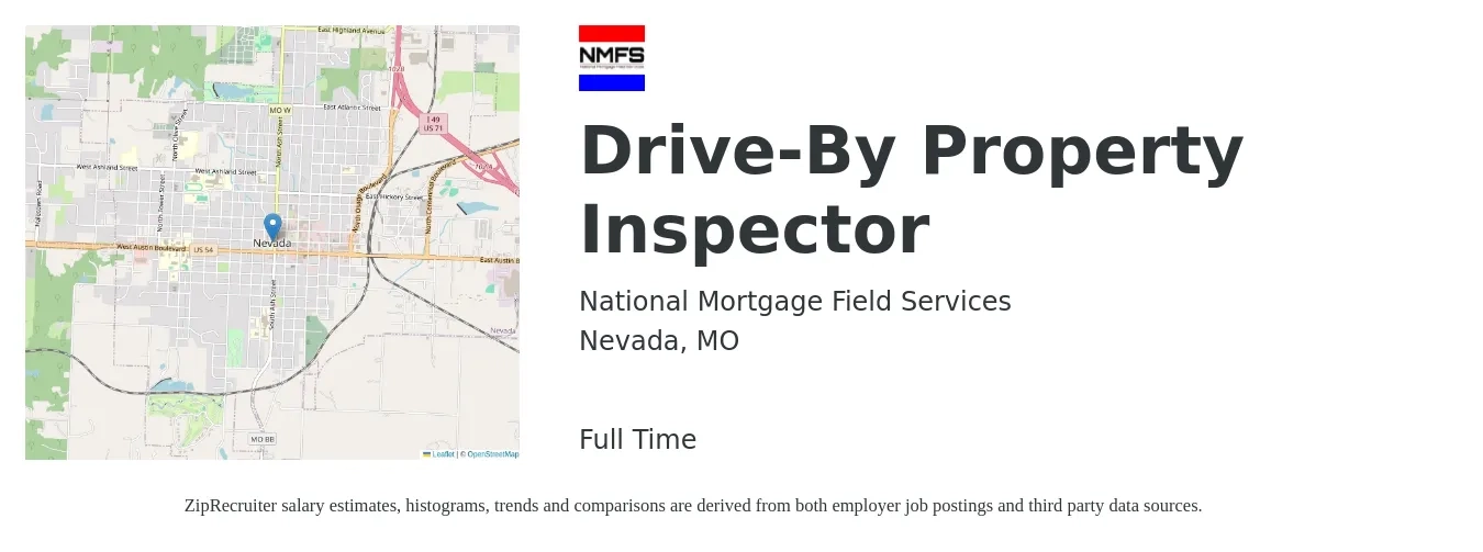 National Mortgage Field Services job posting for a Drive-By Property Inspector in Nevada, MO with a salary of $34,000 to $50,100 Yearly with a map of Nevada location.