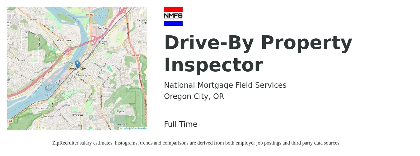 National Mortgage Field Services job posting for a Drive-By Property Inspector in Oregon City, OR with a salary of $41,700 to $61,500 Yearly with a map of Oregon City location.