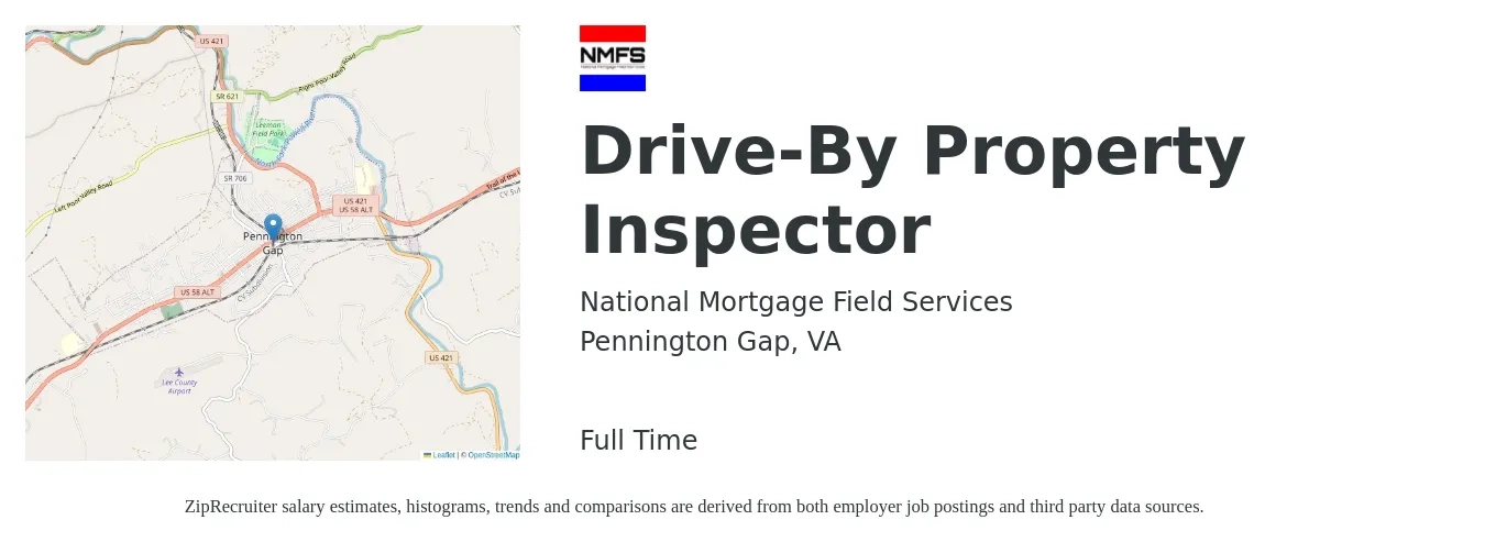 National Mortgage Field Services job posting for a Drive-By Property Inspector in Pennington Gap, VA with a salary of $36,600 to $54,000 Yearly with a map of Pennington Gap location.