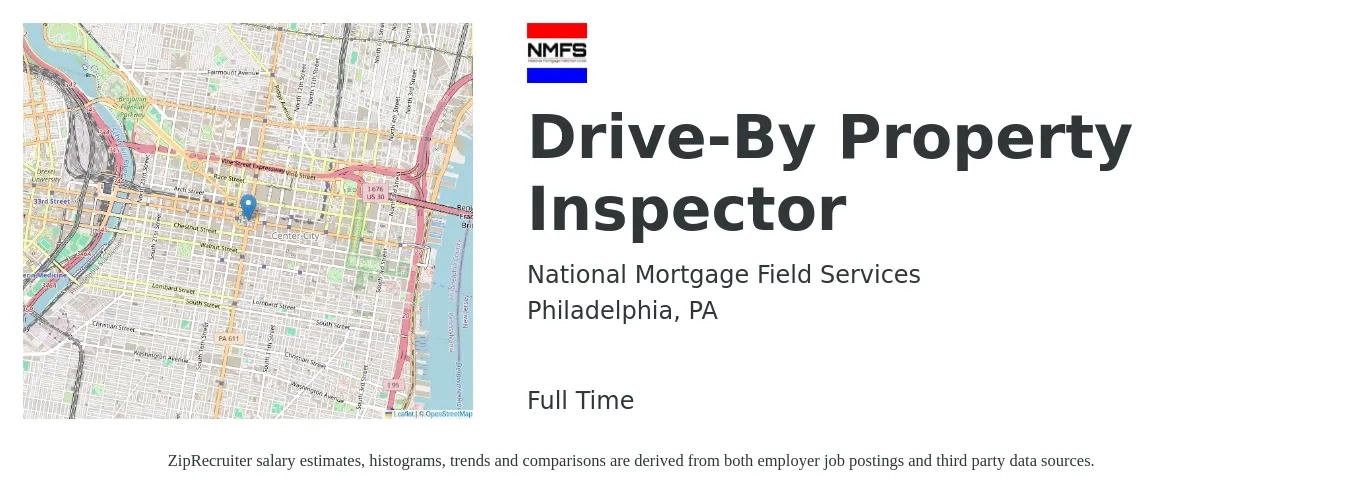 National Mortgage Field Services job posting for a Drive-By Property Inspector in Philadelphia, PA with a salary of $39,300 to $58,000 Yearly with a map of Philadelphia location.