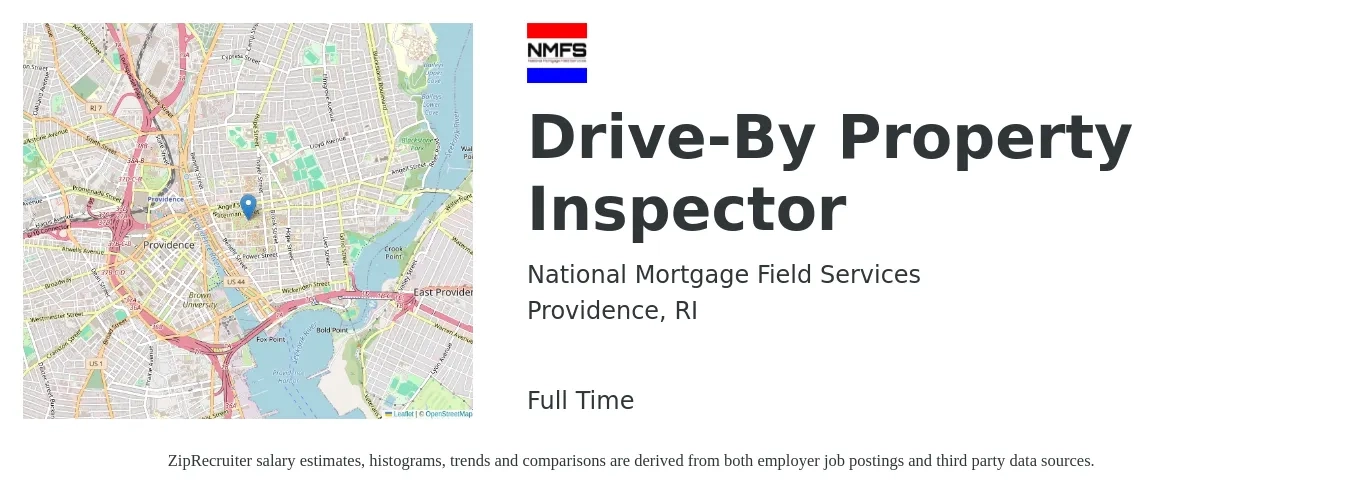 National Mortgage Field Services job posting for a Drive-By Property Inspector in Providence, RI with a salary of $39,400 to $58,100 Yearly with a map of Providence location.