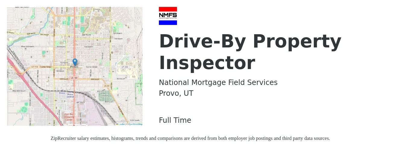 National Mortgage Field Services job posting for a Drive-By Property Inspector in Provo, UT with a salary of $37,300 to $55,000 Yearly with a map of Provo location.