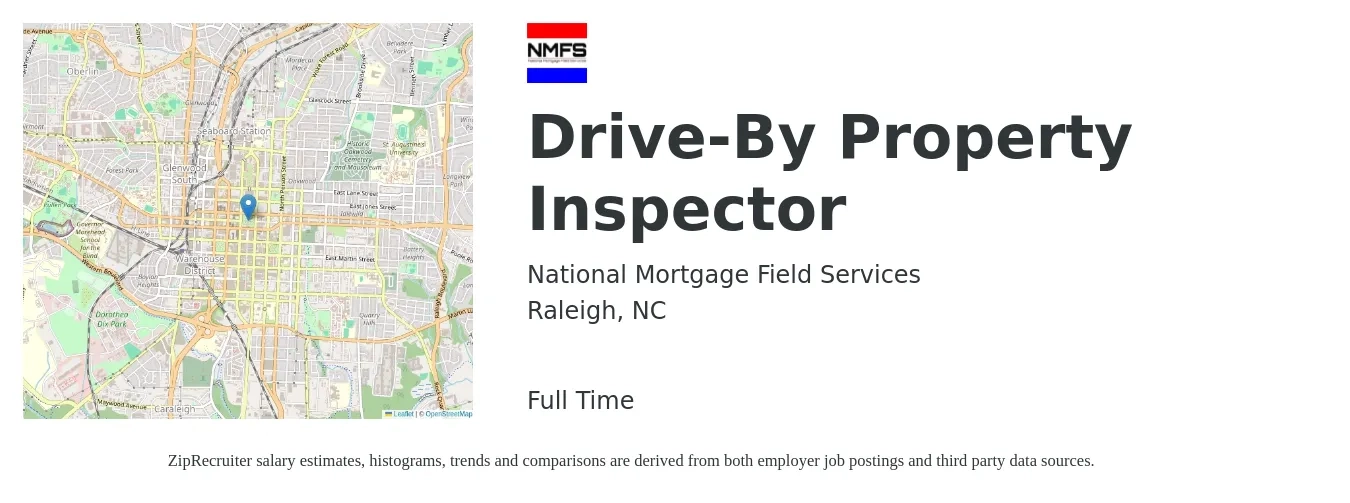 National Mortgage Field Services job posting for a Drive-By Property Inspector in Raleigh, NC with a salary of $37,900 to $55,900 Yearly with a map of Raleigh location.
