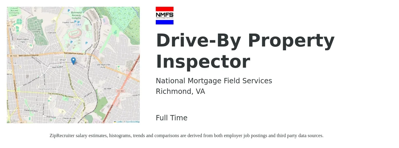 National Mortgage Field Services job posting for a Drive-By Property Inspector in Richmond, VA with a salary of $38,700 to $57,000 Yearly with a map of Richmond location.