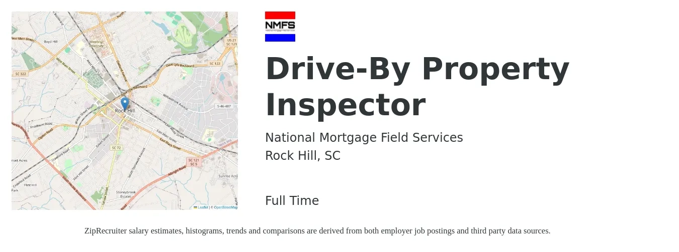 National Mortgage Field Services job posting for a Drive-By Property Inspector in Rock Hill, SC with a salary of $34,000 to $50,100 Yearly with a map of Rock Hill location.