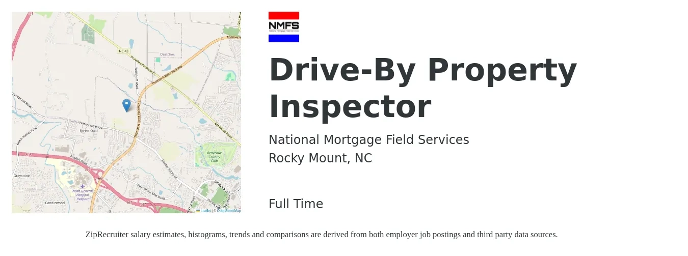 National Mortgage Field Services job posting for a Drive-By Property Inspector in Rocky Mount, NC with a salary of $33,800 to $49,800 Yearly with a map of Rocky Mount location.