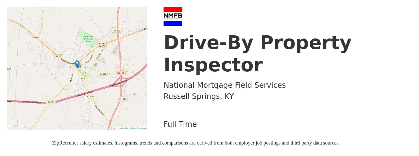 National Mortgage Field Services job posting for a Drive-By Property Inspector in Russell Springs, KY with a salary of $33,500 to $49,400 Yearly with a map of Russell Springs location.