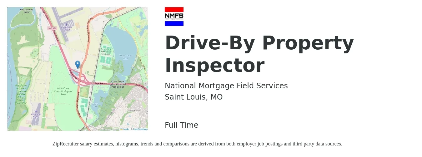 National Mortgage Field Services job posting for a Drive-By Property Inspector in Saint Louis, MO with a salary of $36,700 to $54,000 Yearly with a map of Saint Louis location.