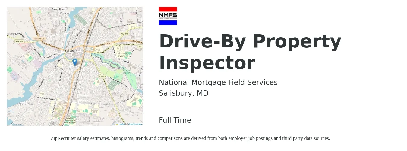 National Mortgage Field Services job posting for a Drive-By Property Inspector in Salisbury, MD with a salary of $38,500 to $56,800 Yearly with a map of Salisbury location.