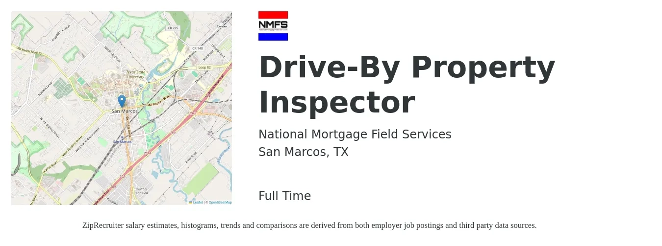 National Mortgage Field Services job posting for a Drive-By Property Inspector in San Marcos, TX with a salary of $37,400 to $55,100 Yearly with a map of San Marcos location.