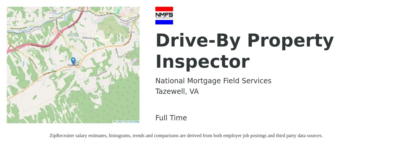 National Mortgage Field Services job posting for a Drive-By Property Inspector in Tazewell, VA with a salary of $36,100 to $53,200 Yearly with a map of Tazewell location.