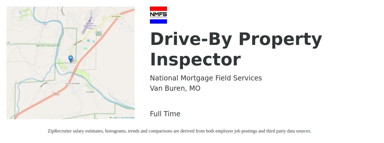National Mortgage Field Services job posting for a Drive-By Property Inspector in Van Buren, MO with a salary of $32,900 to $48,400 Yearly with a map of Van Buren location.