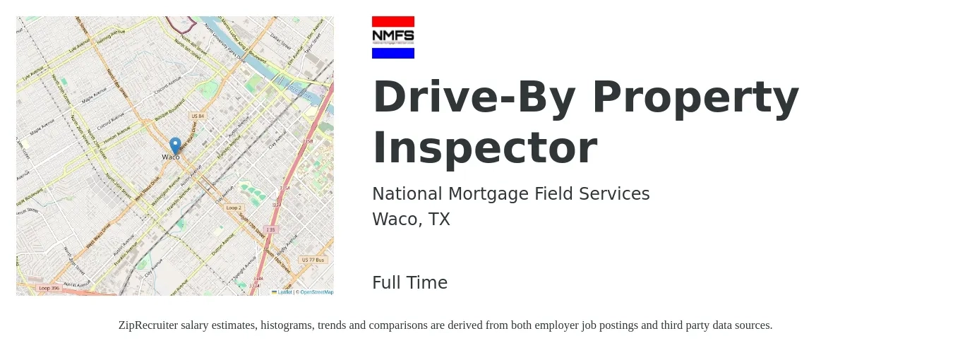 National Mortgage Field Services job posting for a Drive-By Property Inspector in Waco, TX with a salary of $34,600 to $51,000 Yearly with a map of Waco location.