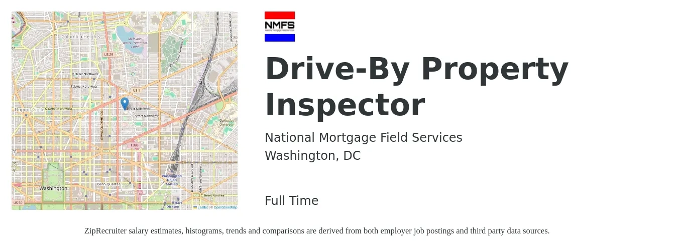 National Mortgage Field Services job posting for a Drive-By Property Inspector in Washington, DC with a salary of $44,200 to $65,100 Yearly with a map of Washington location.