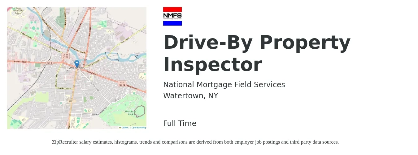 National Mortgage Field Services job posting for a Drive-By Property Inspector in Watertown, NY with a salary of $41,200 to $60,700 Yearly with a map of Watertown location.