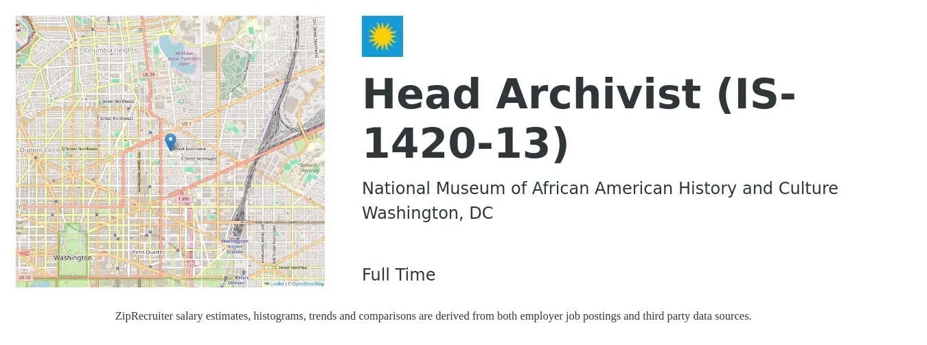 National Museum of African American History and Culture job posting for a Head Archivist (IS-1420-13) in Washington, DC with a salary of $61,700 to $94,600 Yearly with a map of Washington location.