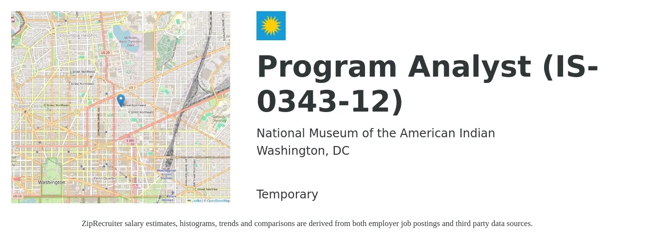 National Museum of the American Indian job posting for a Program Analyst (IS-0343-12) in Washington, DC with a salary of $78,100 to $131,400 Yearly with a map of Washington location.
