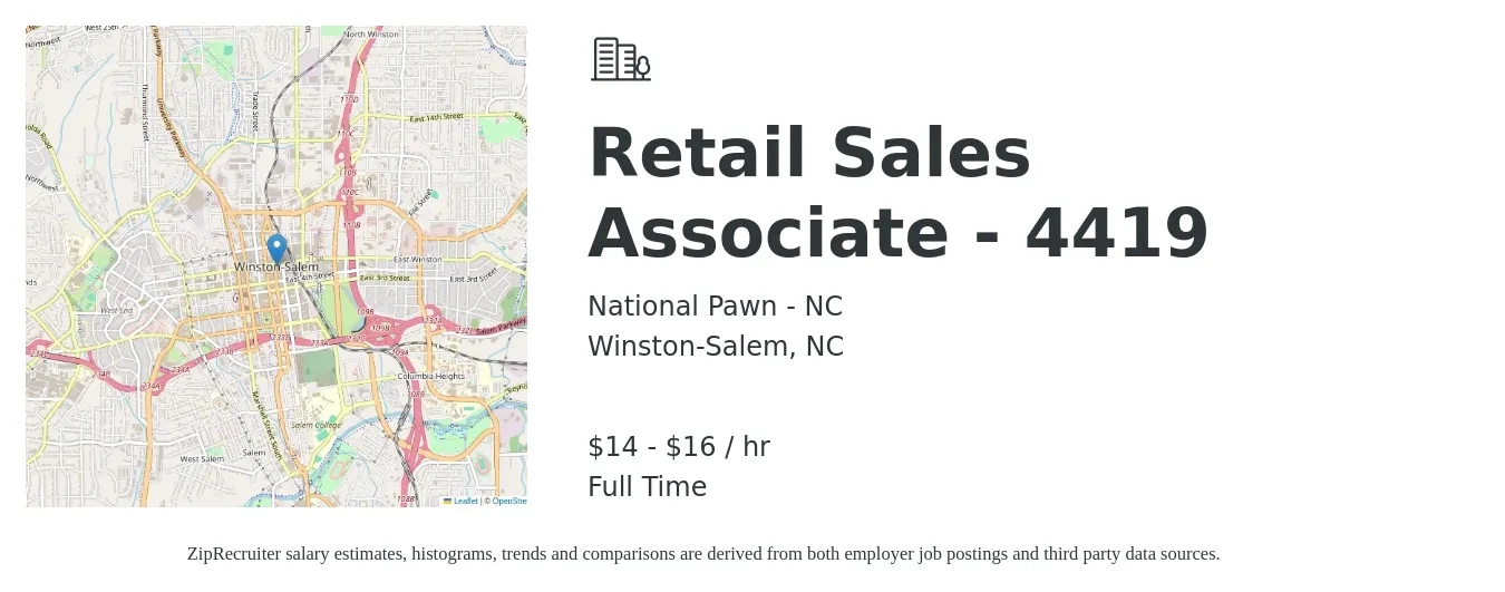 National Pawn - NC job posting for a Retail Sales Associate - 4419 in Winston-Salem, NC with a salary of $12 to $14 Hourly with a map of Winston-Salem location.