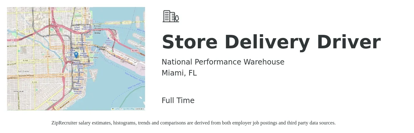 National Performance Warehouse job posting for a Store Delivery Driver in Miami, FL with a salary of $16 to $20 Hourly with a map of Miami location.