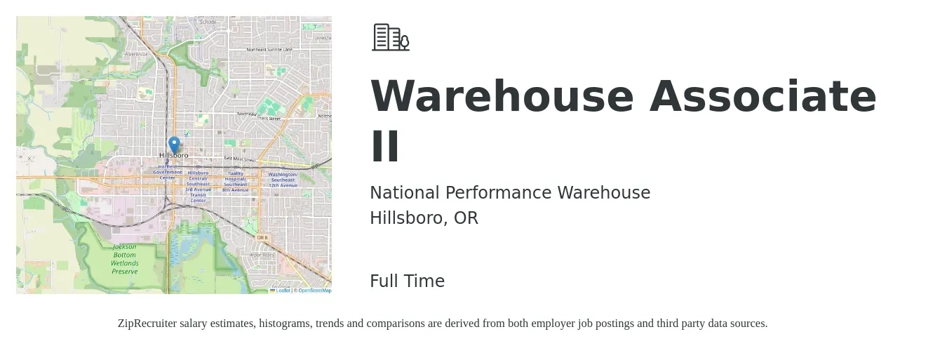National Performance Warehouse job posting for a Warehouse Associate II in Hillsboro, OR with a salary of $16 to $18 Hourly with a map of Hillsboro location.