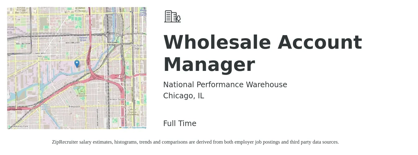 National Performance Warehouse job posting for a Wholesale Account Manager in Chicago, IL with a salary of $51,500 to $83,000 Yearly with a map of Chicago location.