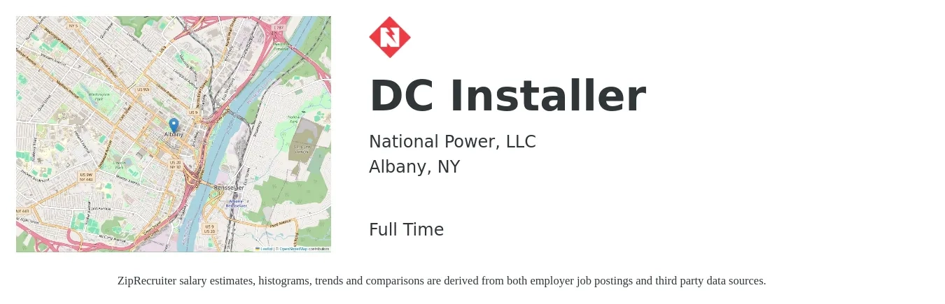 National Power, LLC job posting for a DC Installer in Albany, NY with a salary of $19 to $37 Hourly with a map of Albany location.
