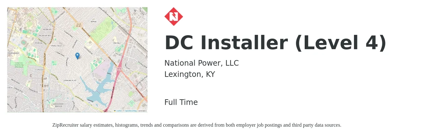 National Power, LLC job posting for a DC Installer (Level 4) in Lexington, KY with a salary of $20 to $30 Hourly with a map of Lexington location.