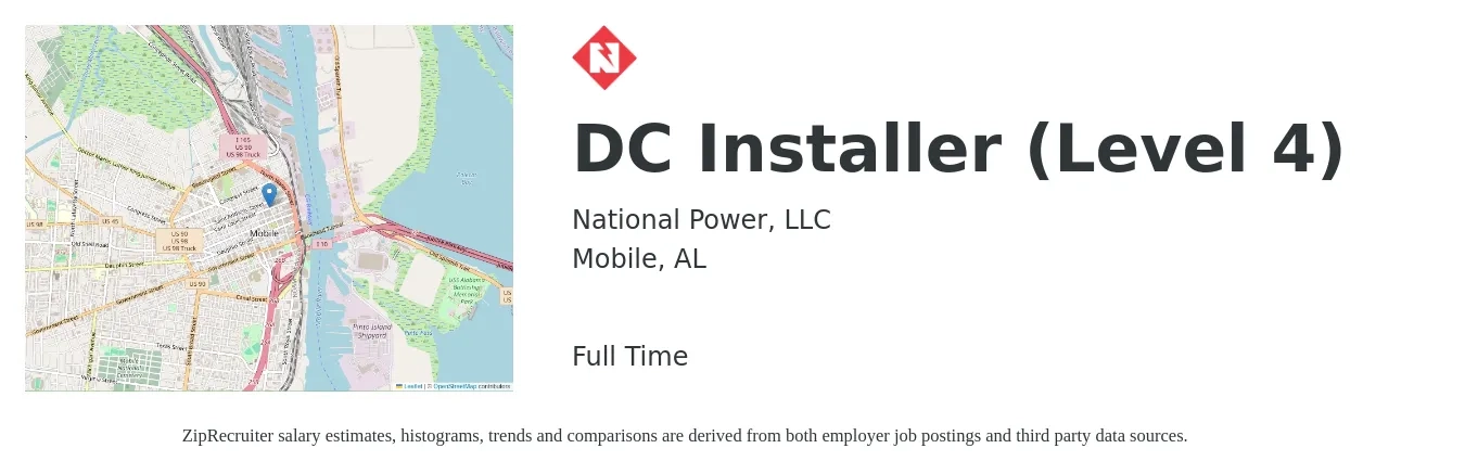 National Power, LLC job posting for a DC Installer (Level 4) in Mobile, AL with a salary of $20 to $30 Hourly with a map of Mobile location.