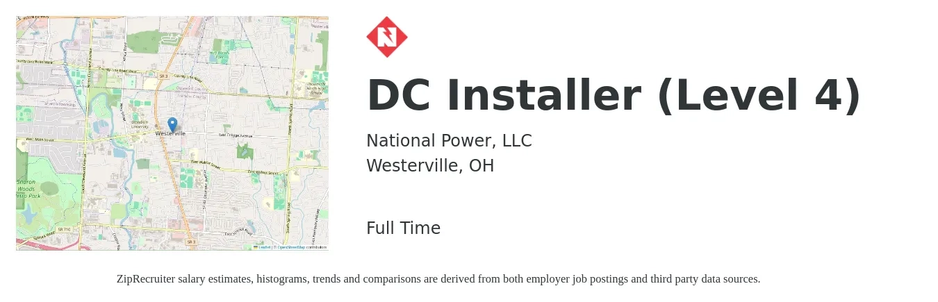 National Power, LLC job posting for a DC Installer (Level 4) in Westerville, OH with a salary of $19 to $29 Hourly with a map of Westerville location.