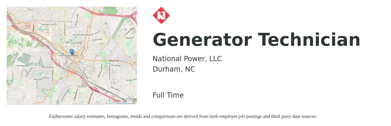 National Power, LLC job posting for a Generator Technician in Durham, NC with a salary of $22 to $36 Hourly with a map of Durham location.