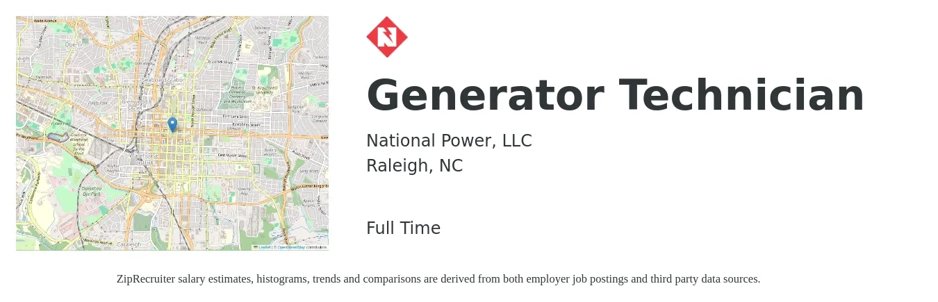 National Power, LLC job posting for a Generator Technician in Raleigh, NC with a salary of $22 to $36 Hourly with a map of Raleigh location.