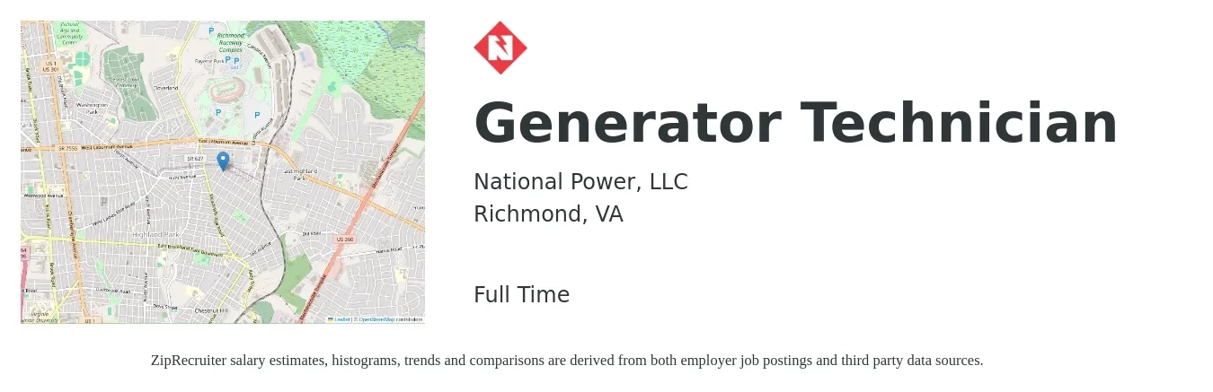 National Power, LLC job posting for a Generator Technician in Richmond, VA with a salary of $22 to $36 Hourly with a map of Richmond location.