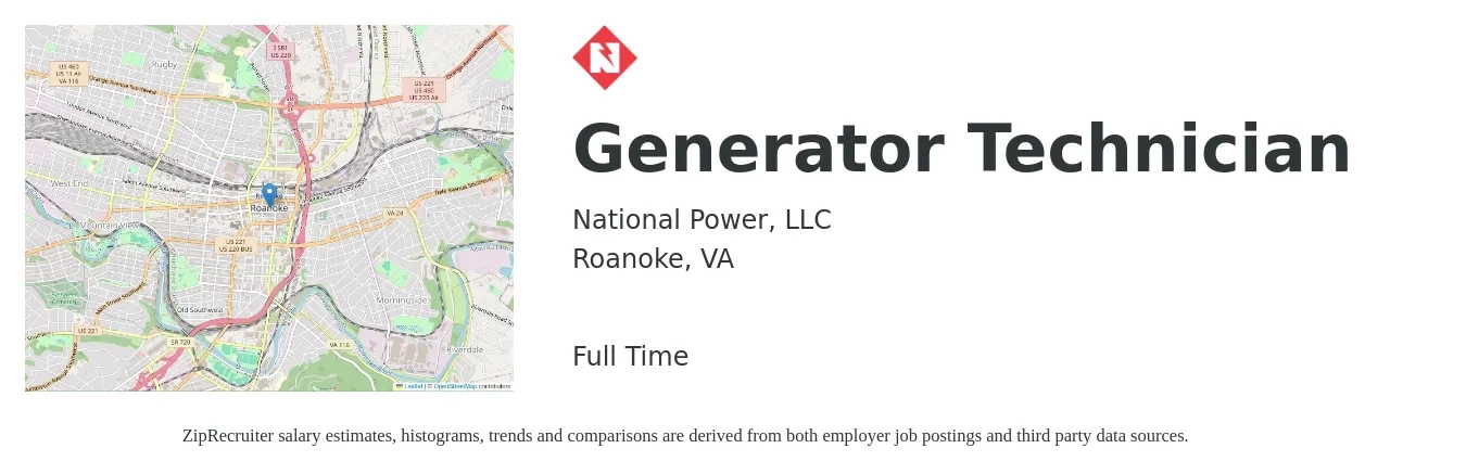 National Power, LLC job posting for a Generator Technician in Roanoke, VA with a salary of $20 to $32 Hourly with a map of Roanoke location.