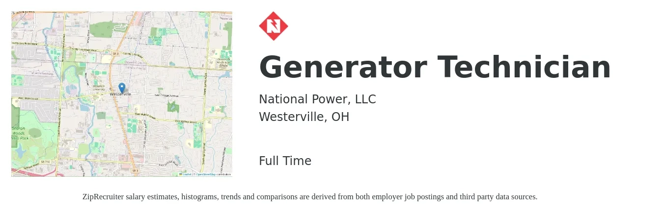 National Power, LLC job posting for a Generator Technician in Westerville, OH with a salary of $22 to $36 Hourly with a map of Westerville location.