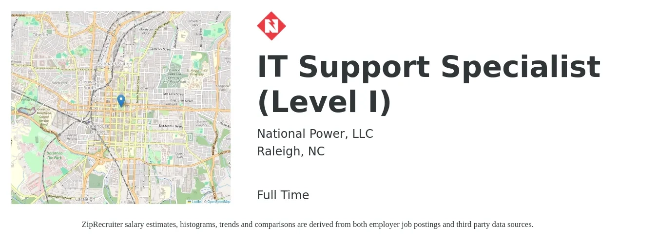 National Power, LLC job posting for a IT Support Specialist (Level I) in Raleigh, NC with a salary of $45,200 to $91,400 Yearly with a map of Raleigh location.