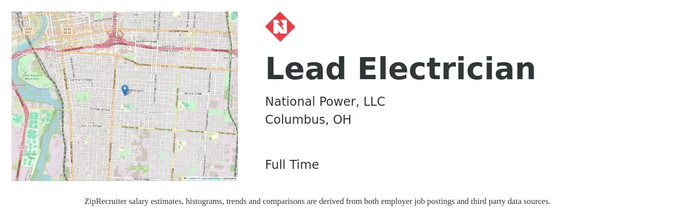 National Power, LLC job posting for a Lead Electrician in Columbus, OH with a salary of $26 to $34 Hourly with a map of Columbus location.