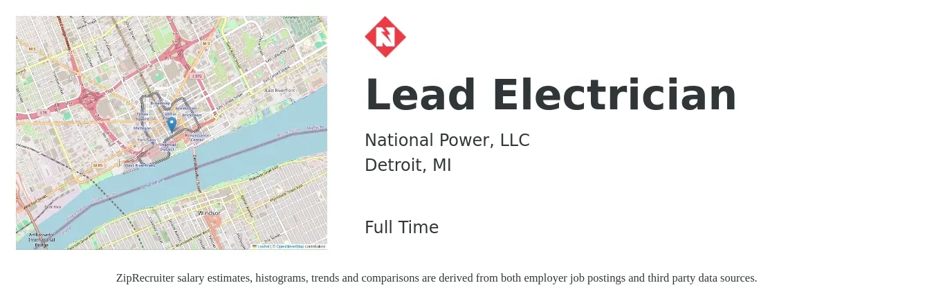 National Power, LLC job posting for a Lead Electrician in Detroit, MI with a salary of $26 to $34 Hourly with a map of Detroit location.