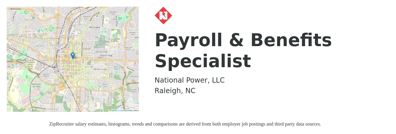 National Power, LLC job posting for a Payroll & Benefits Specialist in Raleigh, NC with a salary of $30 to $34 Hourly with a map of Raleigh location.