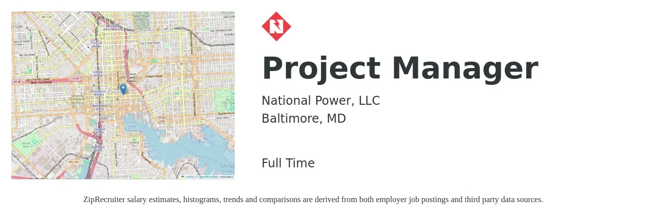 National Power, LLC job posting for a Project Manager in Baltimore, MD with a salary of $78,000 to $122,200 Yearly with a map of Baltimore location.