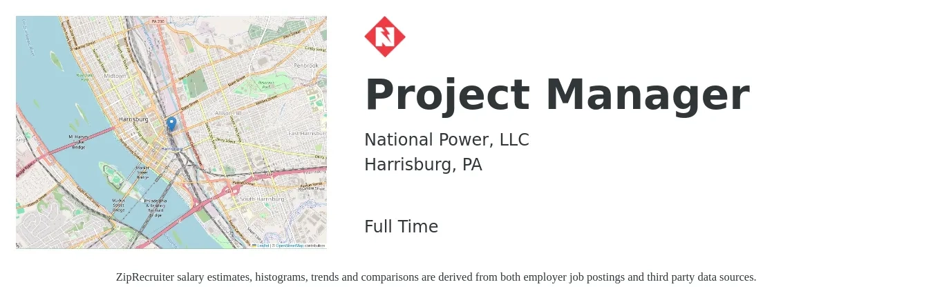 National Power, LLC job posting for a Project Manager in Harrisburg, PA with a salary of $77,500 to $121,400 Yearly with a map of Harrisburg location.