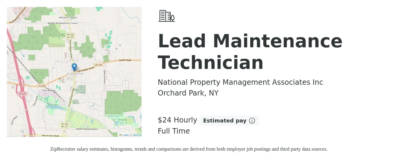 National Property Management Associates Inc job posting for a Lead Maintenance Technician in Orchard Park, NY with a salary of $30 Hourly with a map of Orchard Park location.