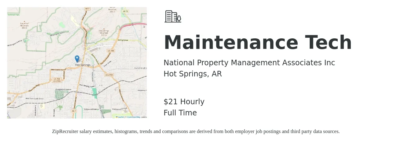 National Property Management Associates Inc job posting for a Maintenance Tech in Hot Springs, AR with a salary of $22 Hourly with a map of Hot Springs location.